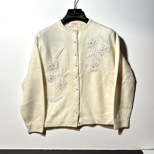 Vintage 70% Lambswool Sweater Hand Decorated in Hong Kong Cream Beaded Cardigan